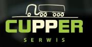 Logo firmy Cupper Serwis z sylwetką ciężarówki nad napisem, w kolorze zielonym na czarnym tle.