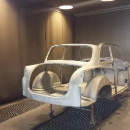 Karoseria klasycznego samochodu przygotowana do malowania w kabinie lakierniczej, widoczne ślady po obróbce.