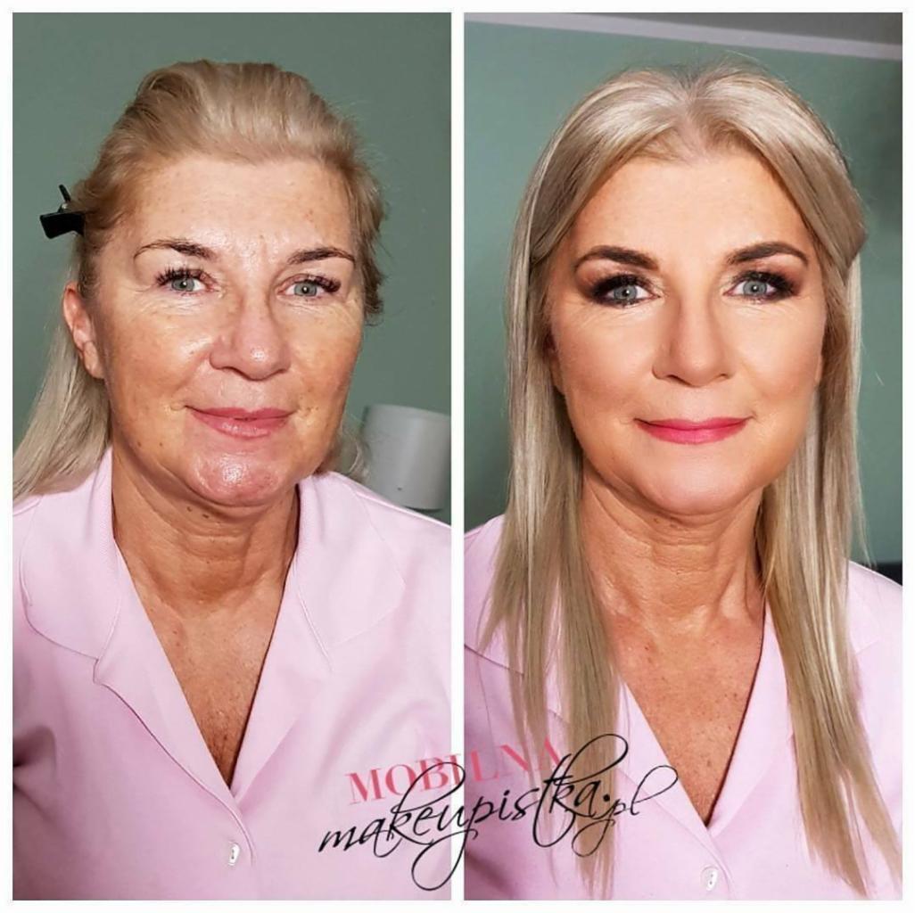 Kobieta przed i po aplikacji kosmetyków, widoczne różnice w kolorycie skóry, podkreślonych oczach i ustach, włosy ułożone po prawej stronie zdjęcia.