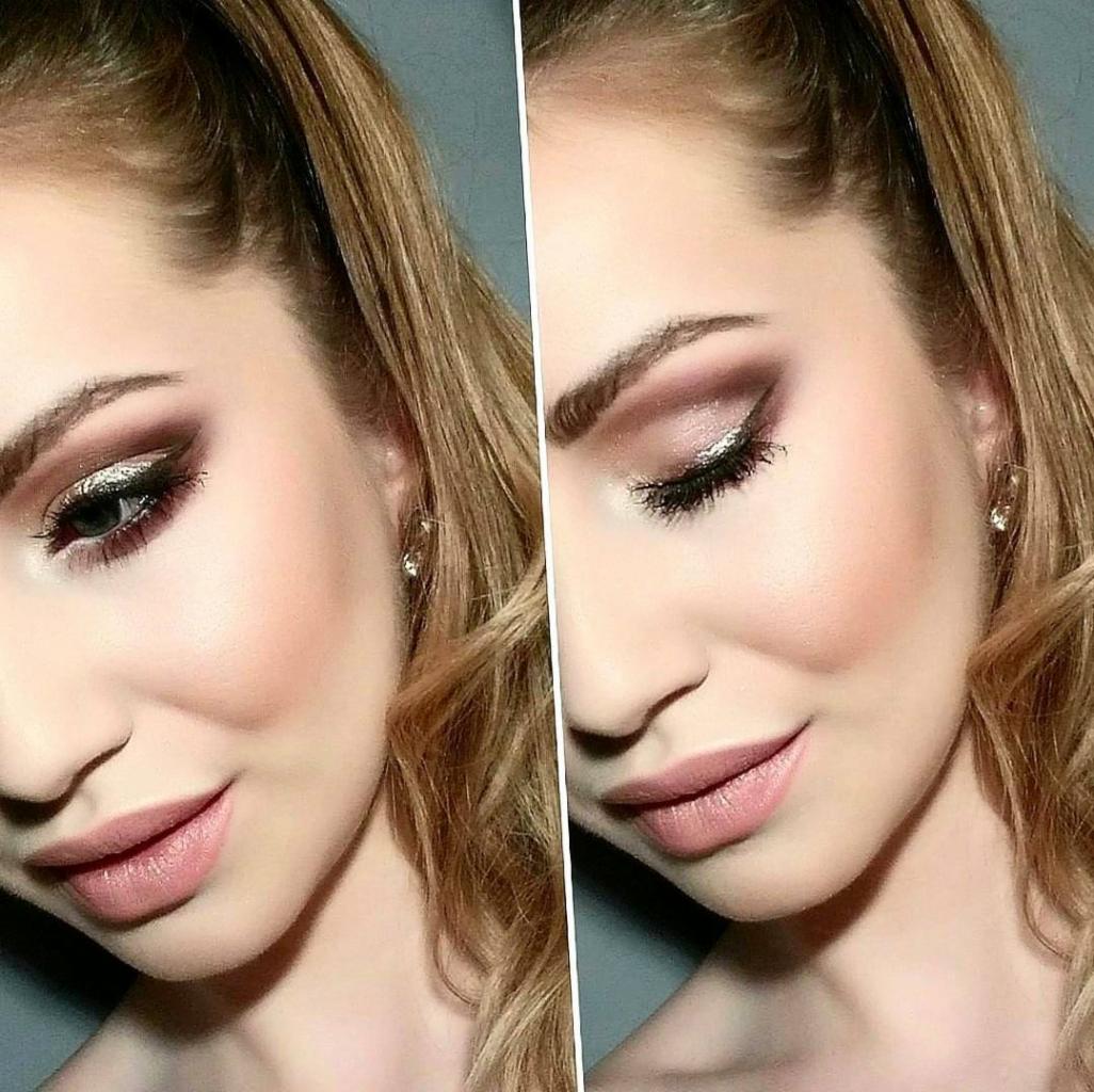 Portret kobiety z profesjonalnie wykonanym, wieczorowym upiększeniem oczu w odcieniach brązu i złota oraz delikatnym różem na policzkach, prezentowany w formie kolażu.