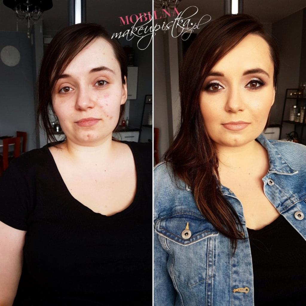 Portret kobiety przed i po aplikacji kosmetyków: po lewej naturalna cera z drobnymi niedoskonałościami, po prawej wyrazisty makijaż oczu i ust, włosy ułożone na bok, ubrana w dżinsową kurtkę.