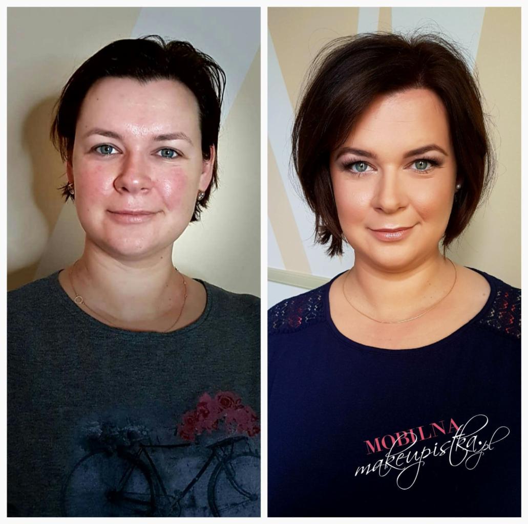 Portret kobiety przed i po upiększeniu, widoczne subtelne cieniowanie powiek i wyrównany koloryt cery.