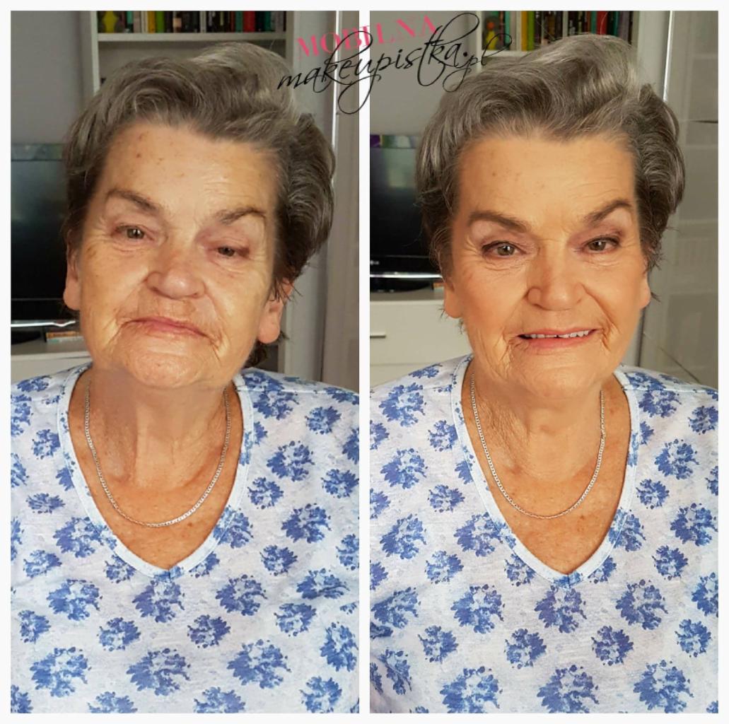 Transformacja wyglądu seniorki z Białegostoku: porównanie twarzy przed i po delikatnym upiększeniu, uwydatnione rysy i subtelne cieniowanie.