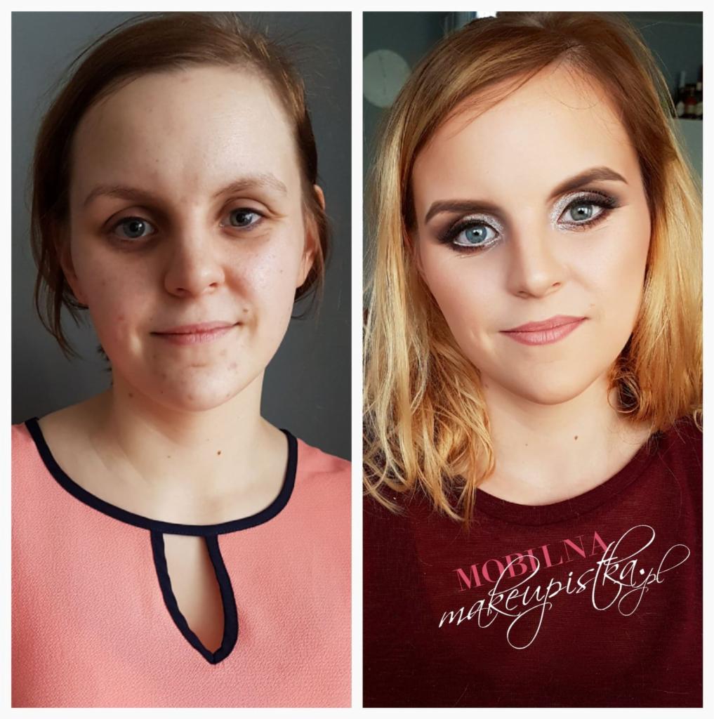 Portret kobiety przed i po aplikacji profesjonalnych kosmetyków, widoczne różnice w wyglądzie cery i podkreśleniu rysów twarzy, po prawej stronie widoczne logo firmy.