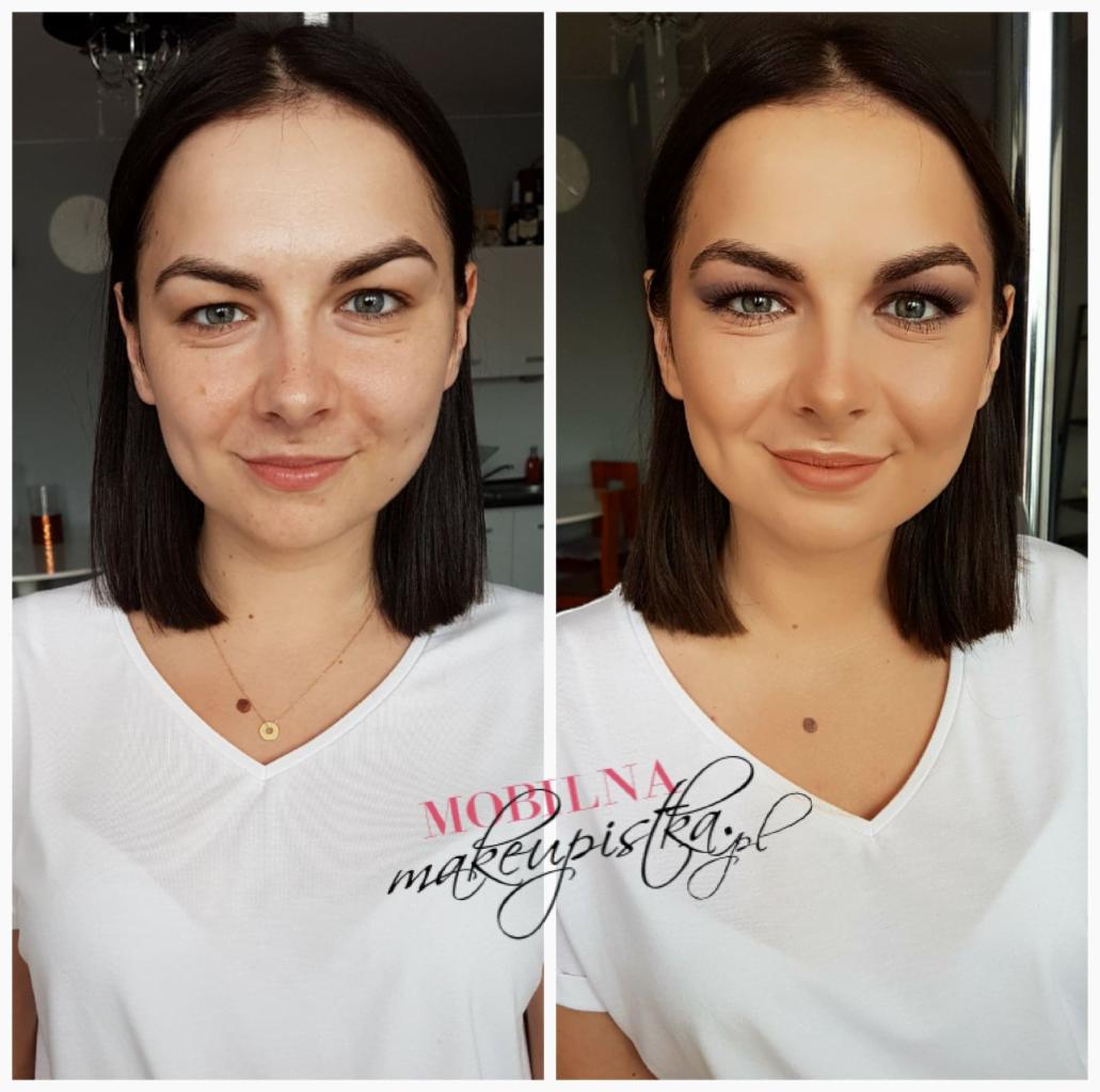 Portret kobiety przed i po aplikacji kosmetyków upiększających, widoczne subtelne cieniowanie powiek, konturowanie twarzy i podkreślone usta.