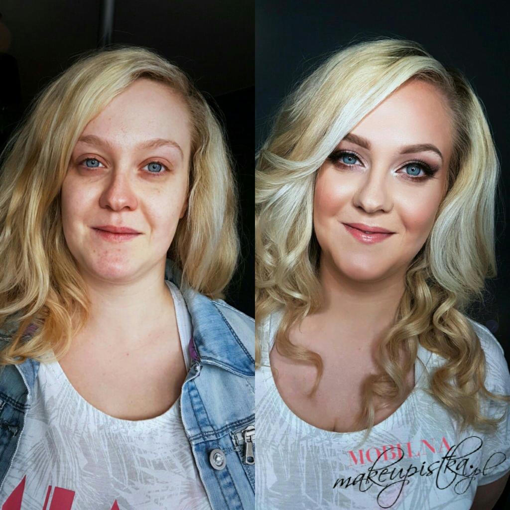 Portret kobiety przed i po upiększeniu: po lewej bez, po prawej z wyrazistym makijażem oczu, konturowaniem i błyszczącymi ustami, włosy blond ułożone w loki.
