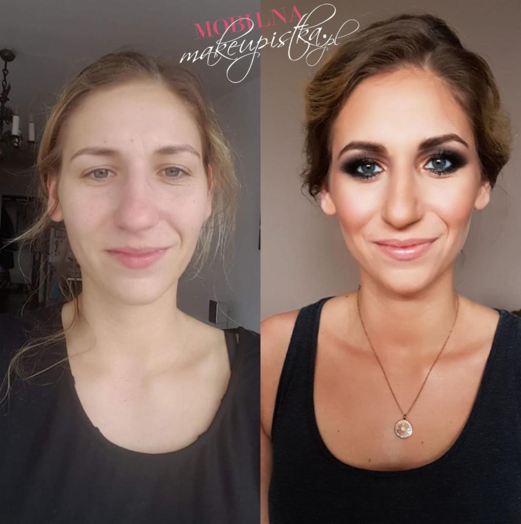 Portret kobiety przed i po wykonaniu profesjonalnego, wieczorowego make-upu z mocnym smoky eye i błyszczącymi ustami. Po lewej stronie twarz bez upiększeń, po prawej gotowa stylizacja z upiętymi...