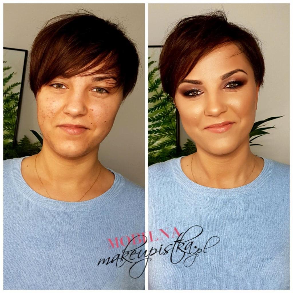 Kolaż przedstawiający twarz kobiety przed i po makijażu, z widoczną różnicą w wyglądzie skóry i intensywności makijażu oczu, na jasnym tle z roślinami w tle.