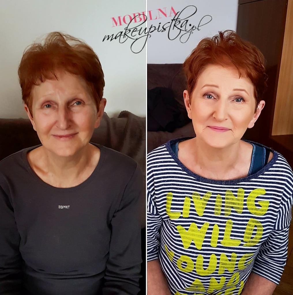 Porównanie twarzy kobiety przed i po delikatnym upiększeniu: subtelne podkreślenie oczu i wyrównany koloryt cery.