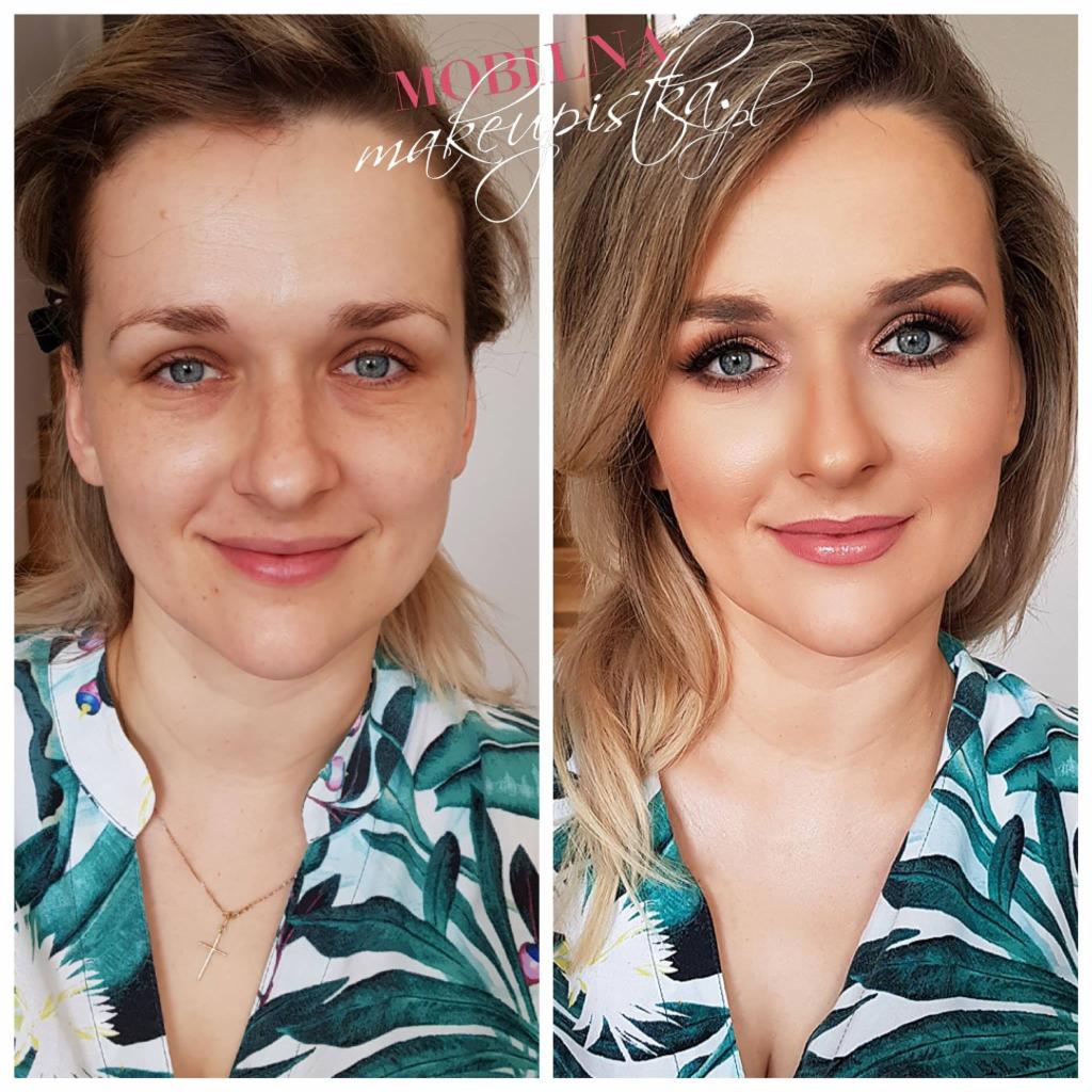 Portret kobiety przed i po profesjonalnym makijażu, widoczne wyraźne podkreślenie oczu i konturowanie twarzy, z delikatnym błyszczykiem na ustach.