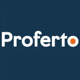 Logo Oferteo na ciemnoniebieskim tle, z białym napisem 'Proferto' i pomarańczową kropką zamiast litery 'o' na końcu.