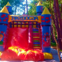 Kolorowy dmuchany zamek 'Bajdocja' z motywami księżniczek, ustawiony w lesie na rozłożonej folii ochronnej.