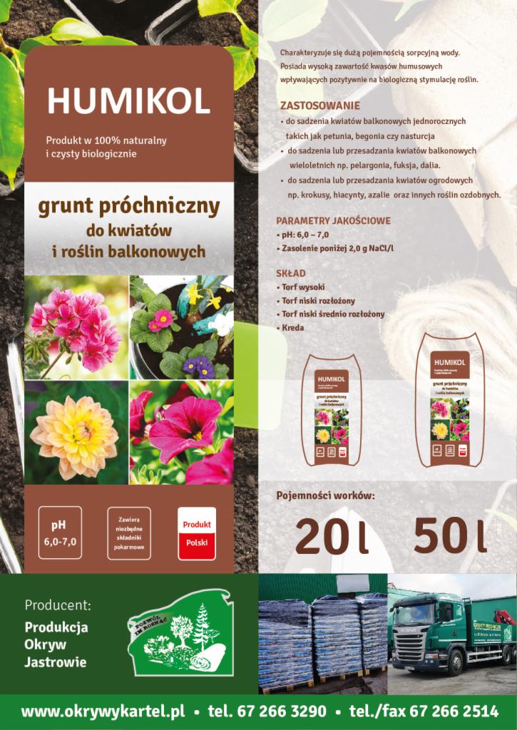 Plakat reklamowy gruntu próchniczego Humikol do kwiatów balkonowych, prezentujący kompozycje kwiatowe, worki z ziemią i transport ciężarówką.