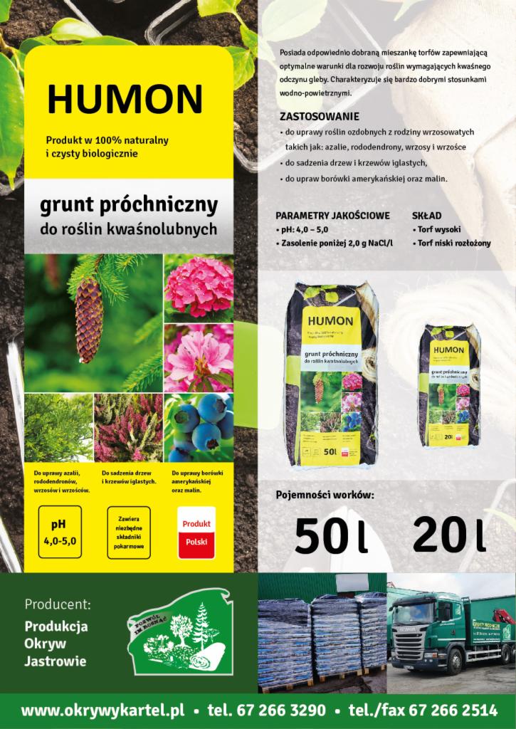 Reklama worków z próchnicznym gruntem Humon do roślin kwaśnolubnych, z informacjami o zastosowaniu, parametrach jakościowych i składzie, na tle palet z workami i ciężarówki firmy Okryw Jastrowie.