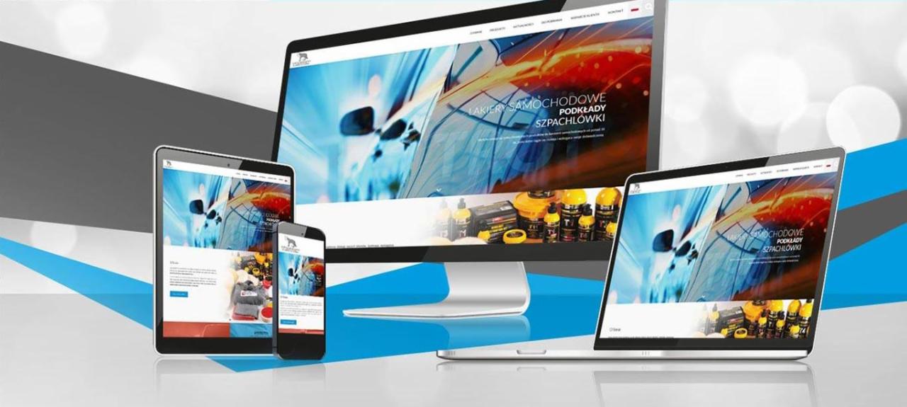Responsywna strona internetowa o tematyce lakierów samochodowych wyświetlana na monitorze, laptopie, tablecie i smartfonie, z widocznym logo firmy w górnym rogu.