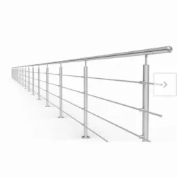 Długa, metalowa balustrada schodowa z trzema poziomami poprzeczek, widok z perspektywy, na białym tle, z przyciskiem nawigacyjnym po prawej stronie.