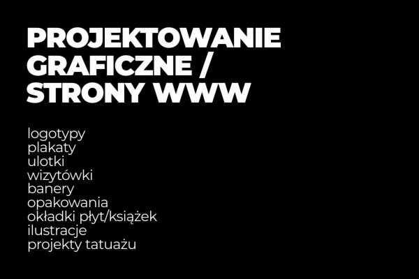 Czarno-biała plansza z listą usług graficznych: logotypy, plakaty, ulotki, wizytówki, banery, opakowania, okładki płyt/książek, ilustracje, projekty tatuażu.
