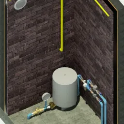 Wizualizacja instalacji hydroforowej w pomieszczeniu z ceglanymi ścianami, obejmująca zbiornik ciśnieniowy, manometr, rury w kolorze niebieskim i żółtym, oraz przyłącza.