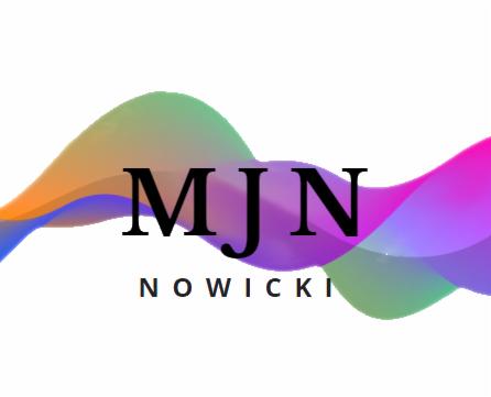 Logo firmy MJN Nowicki na białym tle z abstrakcyjnym, kolorowym, falującym motywem w odcieniach zieleni, pomarańczy, niebieskiego i fioletu.