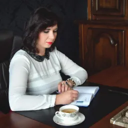 Kobieta w białej bluzce z czarną koronką pisze w otwartym kalendarzu na biurku z filiżanką herbaty i figurką Temidy pod szklanym kloszem w tle.