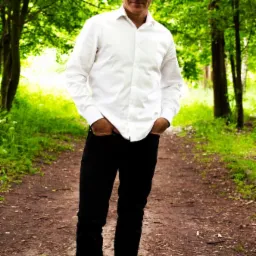 Mężczyzna w białej koszuli i czarnych spodniach, z rękami w kieszeniach, stoi na leśnej ścieżce w Pabianicach. Ubrany w ciemne okulary, pozuje na tle zieleni.