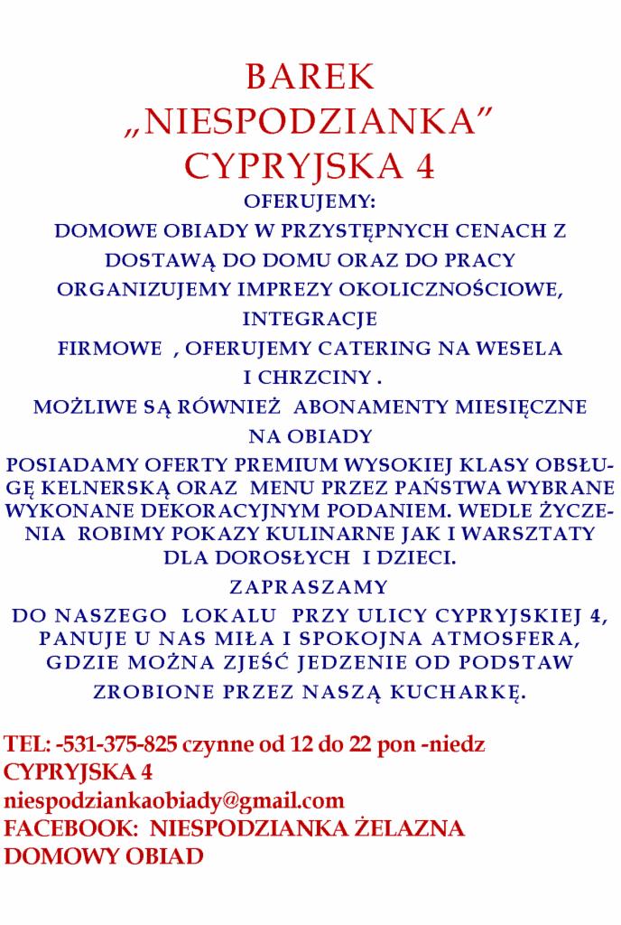Ogłoszenie restauracji 'Niespodzianka' z ofertą domowych obiadów, cateringu na wesela i chrzciny, imprez okolicznościowych oraz pokazów kulinarnych. Tekst w kolorze czerwonym i niebieskim na białym...