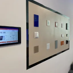 Tablet z interfejsem sterowania inteligentnym domem zamontowany na ścianie, obok ekspozycji różnych typów włączników i paneli dotykowych, z logo firmy Ampiq w tle.