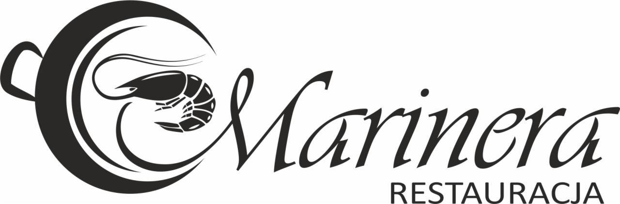 Logo restauracji Marinera z motywem krewetki w czarno-białej grafice. Elegancki font i minimalistyczny design.  RESTAURACJA pod nazwą.