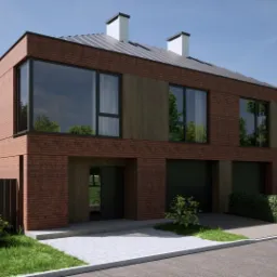 Wizualizacja nowoczesnego szeregowca z cegły klinkierowej z dużymi oknami i drewnianymi panelami, widoczny fragment ulicy i zieleń.