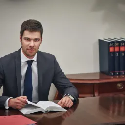 Młody mężczyzna w garniturze siedzi za biurkiem, przegląda otwartą książkę, obok leżą czerwone teczki, a w tle widoczne są tomy kodeksów.