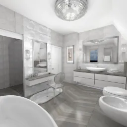 Wizualizacja przestronnej łazienki w odcieniach szarości z parkietem ułożonym w jodełkę, kryształowym żyrandolem i przezroczystym krzesłem przy toaletce.