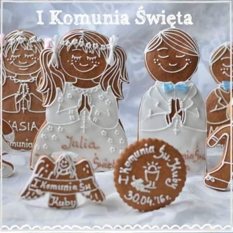 Piernikowe ciasteczka w kształcie dzieci pierwszokomunijnych i anioła z imionami, ręcznie dekorowane białym lukrem, z napisem 'I Komunia Święta' i datą 30.04.16.