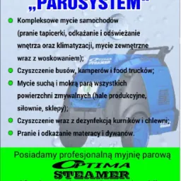 Reklama Eko Myjni Parowej PAROSYSTEM oferującej kompleksowe mycie samochodów, czyszczenie busów, kamperów, mycie parą powierzchni zmywalnych oraz pranie i odkażanie materacy i dywanów.