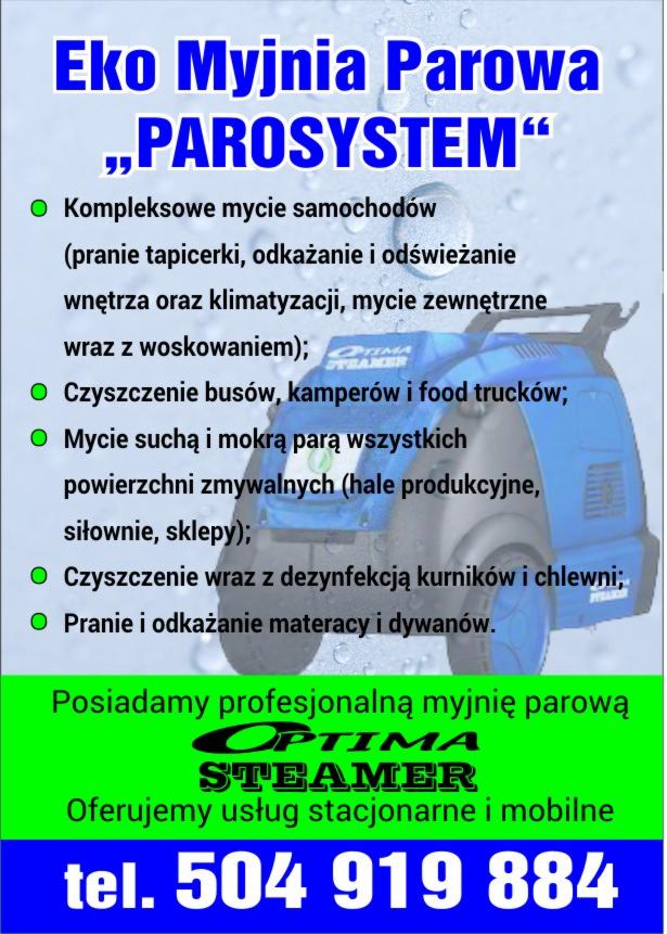 Reklama Eko Myjni Parowej PAROSYSTEM oferującej kompleksowe mycie samochodów, czyszczenie busów, kamperów, mycie parą powierzchni zmywalnych oraz pranie i odkażanie materacy i dywanów.