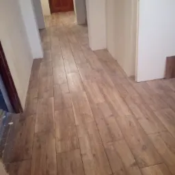 Ułożona podłoga z paneli imitujących drewno w korytarzu, widoczne białe ściany i drzwi wejściowe z ciemnego drewna w tle.