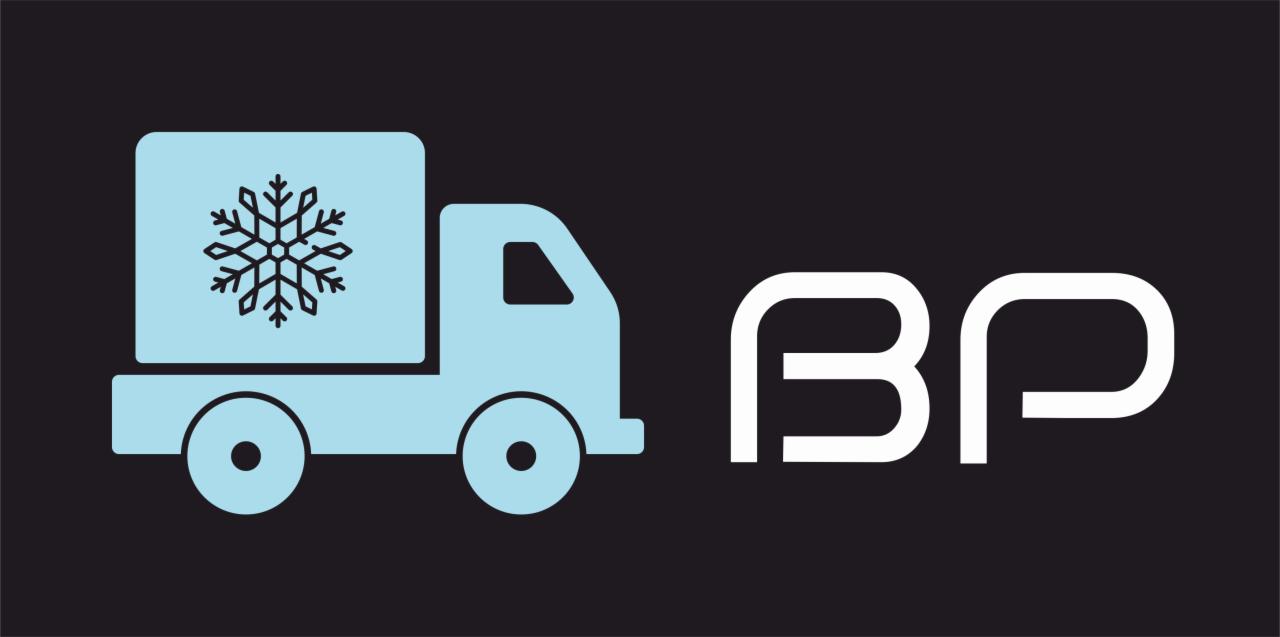 Grafika wektorowa przedstawiająca jasnoniebieską chłodnię z symbolem śnieżynki oraz biały napis 'BP' na czarnym tle.