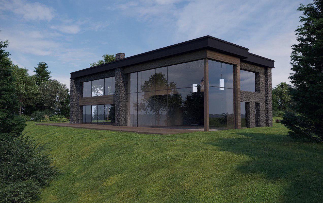 Nowoczesny dom z kamienną elewacją i dużymi przeszkleniami, otoczony zielenią. Widok z zewnątrz, podkreślający architekturę i naturalne otoczenie.