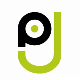 Abstrakcyjne logo: czarne 'p' z zielonym okręgiem w środku i zielone 'j', na białym tle.
