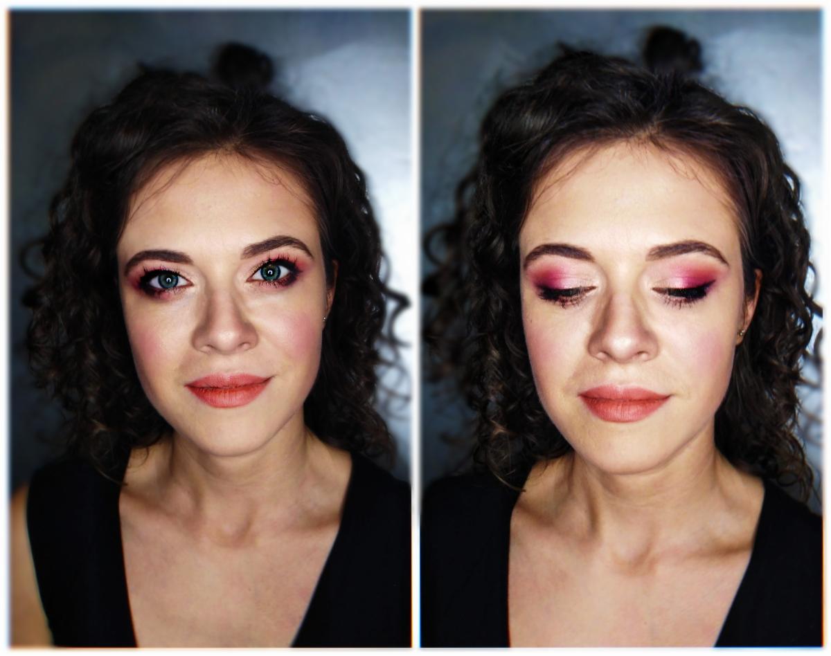 Portret kobiety z ciemnymi kręconymi włosami i intensywnym różowym makijażem oczu i ust, prezentowany w dwóch ujęciach: z otwartymi i zamkniętymi oczami.