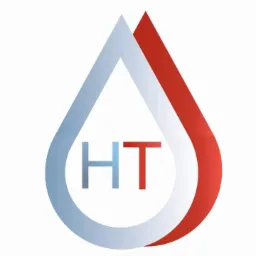 Logo firmy HT w kształcie kropli, z niebiesko-czerwonym gradientem. Litery 'HT' wewnątrz, 'H' niebieskie, 'T' czerwone. Minimalistyczny design.