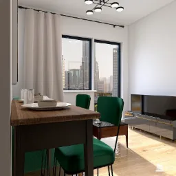 Wnętrze mieszkania z widokiem na miasto, stół z nakryciem i zielonymi krzesłami, telewizor na szafce RTV, nowoczesne oświetlenie sufitowe.
