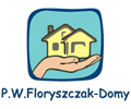 Stylizowany rysunek dłoni podtrzymującej dwa żółte domy, umieszczony w niebieskiej ramce z zaokrąglonymi rogami. Pod rysunkiem widnieje napis 'P.W.Floryszczak-Domy'.