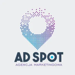 Logo firmy Ad Spot Agencja Marketingowa z graficznym symbolem lokalizacji w formie okręgu z gradientem kolorów od fioletu do błękitu, zbudowanego z kropek.