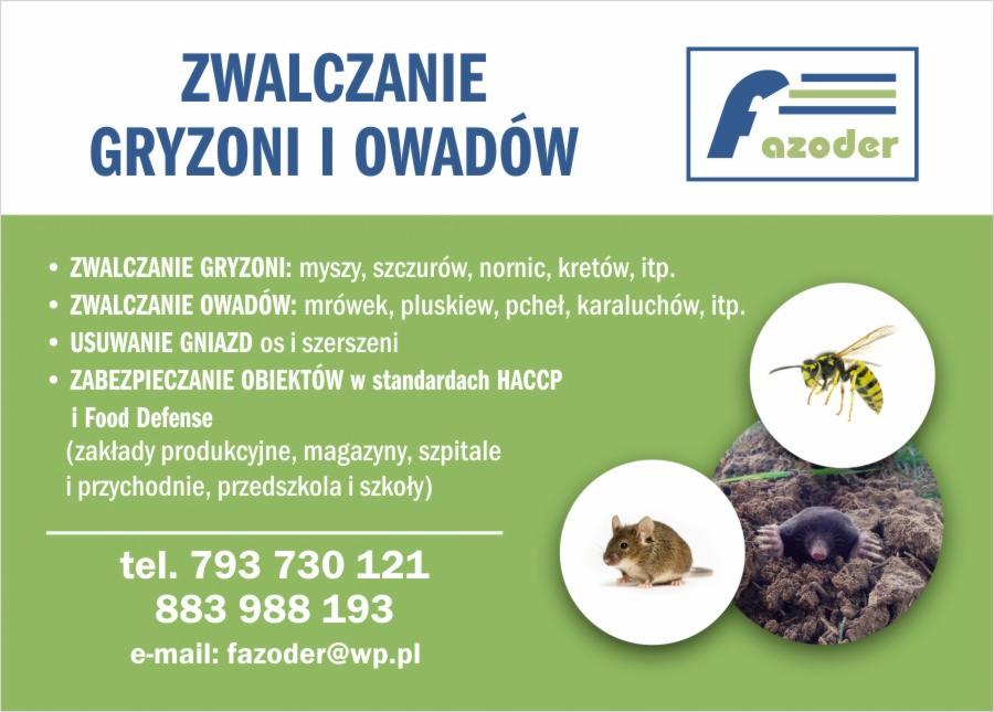 Grafika reklamowa firmy zwalczającej gryzonie i owady, zawierająca logo, listę oferowanych usług, dane kontaktowe oraz zdjęcia myszy, kreta i osy.