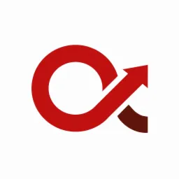 Czerwone logo przypominające literę alfa z elementem strzałki skierowanej w górę, część dolna w kolorze ciemnobrązowym, na białym tle.