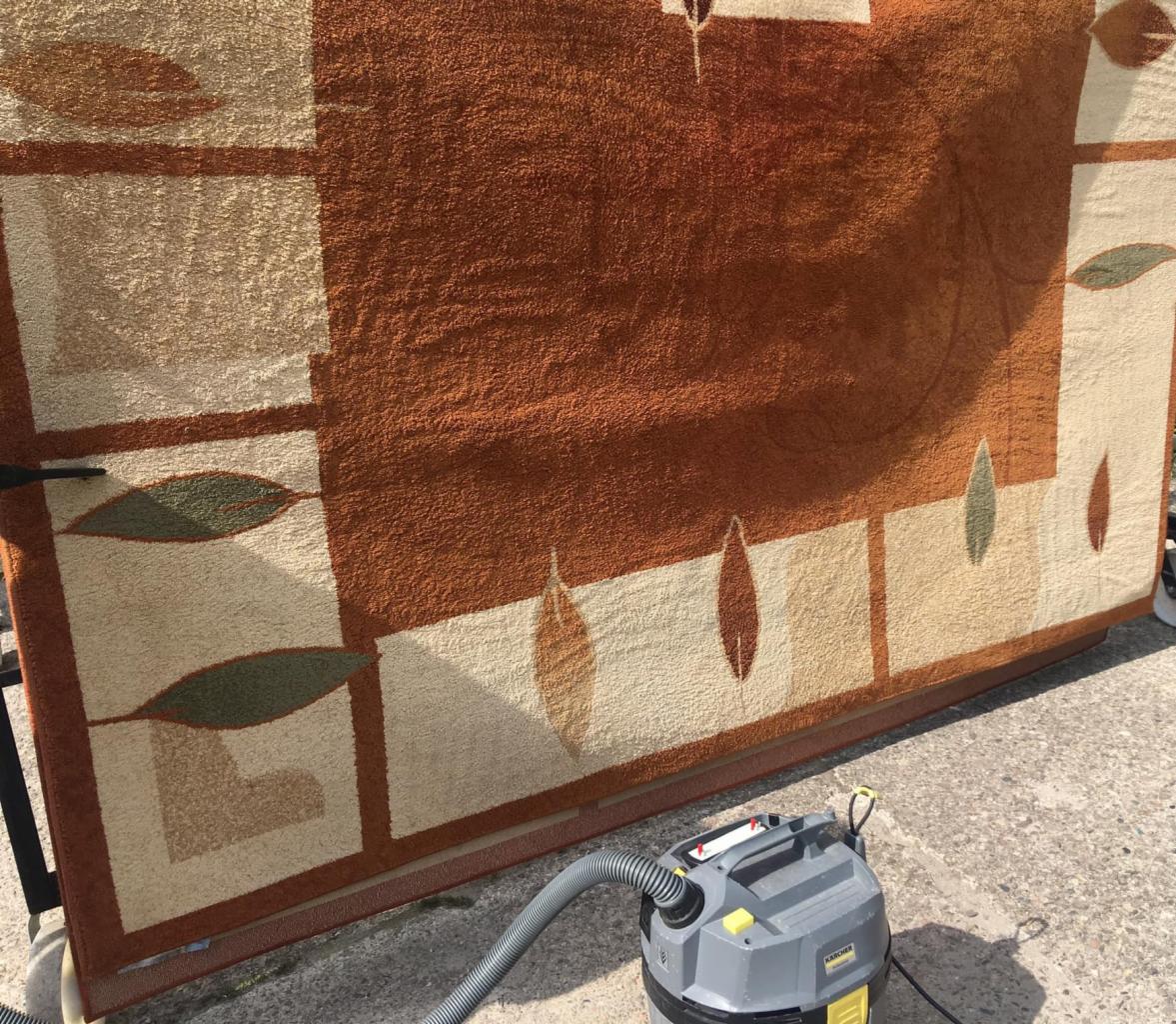 Proces czyszczenia brązowo-beżowego dywanu z geometrycznym wzorem i motywem liści, z użyciem szarego odkurzacza piorącego Karcher.
