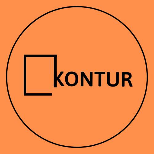 Pomarańczowe logo z czarnym okręgiem, kwadratem i napisem 'KONTUR'.