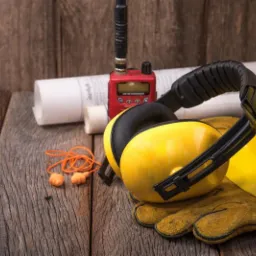 Żółty kask ochronny, słuchawki przeciwhałasowe, pomarańczowe zatyczki do uszu, rękawice robocze, czerwone radio i zwój planów na drewnianym stole.