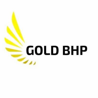 Logo firmy GOLD BHP z Palędzia Kościelnego, przedstawiające stylizowany złoty symbol przypominający skrzydło po lewej stronie i czarny napis GOLD BHP po prawej.