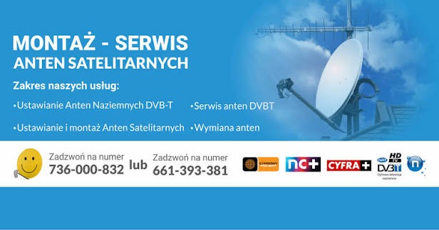 Grafika reklamowa: montaż i serwis anten satelitarnych, naziemnych DVB-T i DVBT. Numery kontaktowe i logotypy platform telewizyjnych.